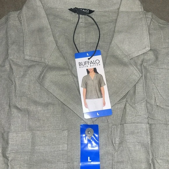 NEW Women's BUFFALO DAVID BITTON Light Olive Linen Shirt **XL** - Picture 2 of 2